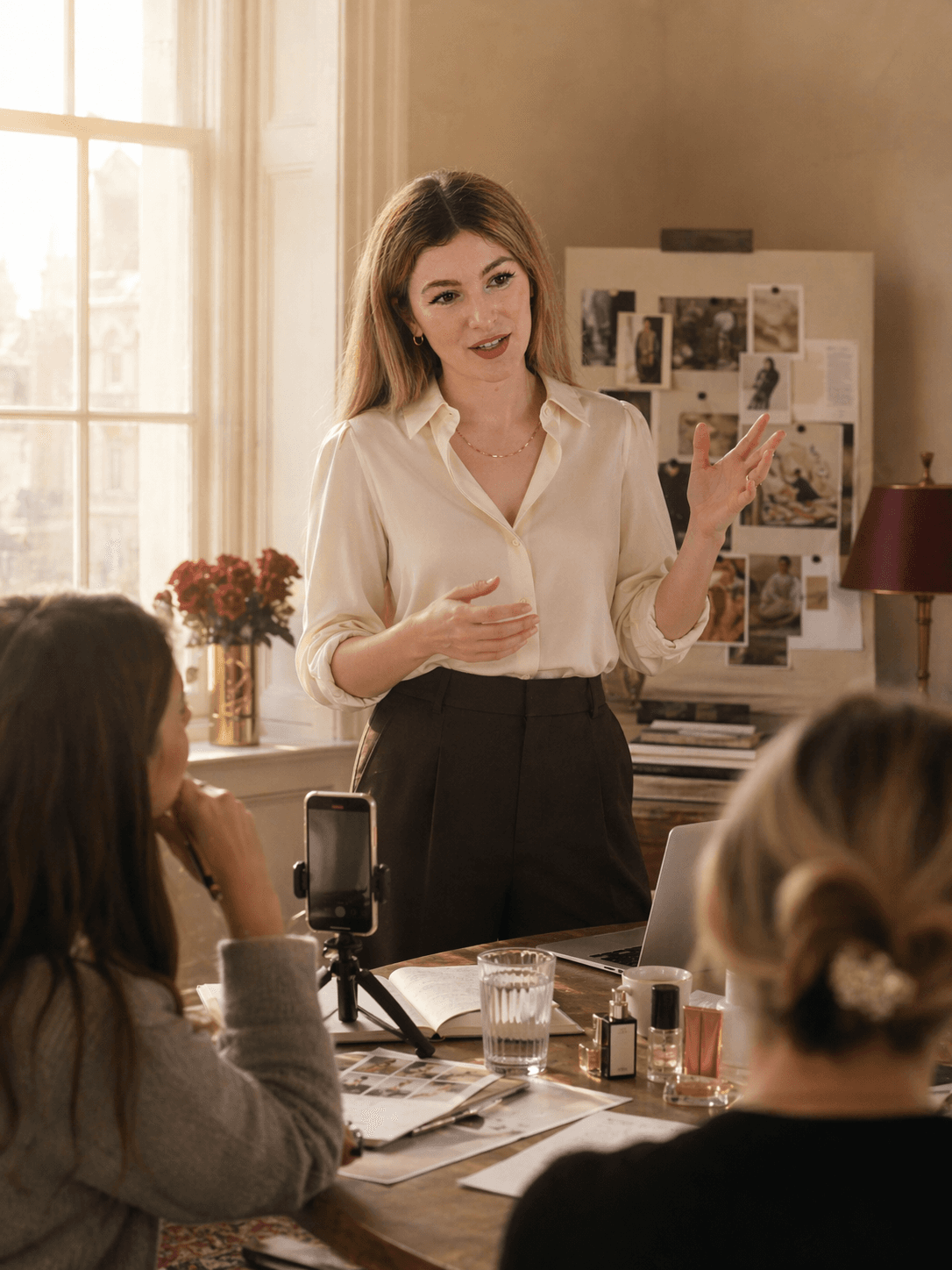 Intimate training session — students learning content strategy in a beauty curriculum.